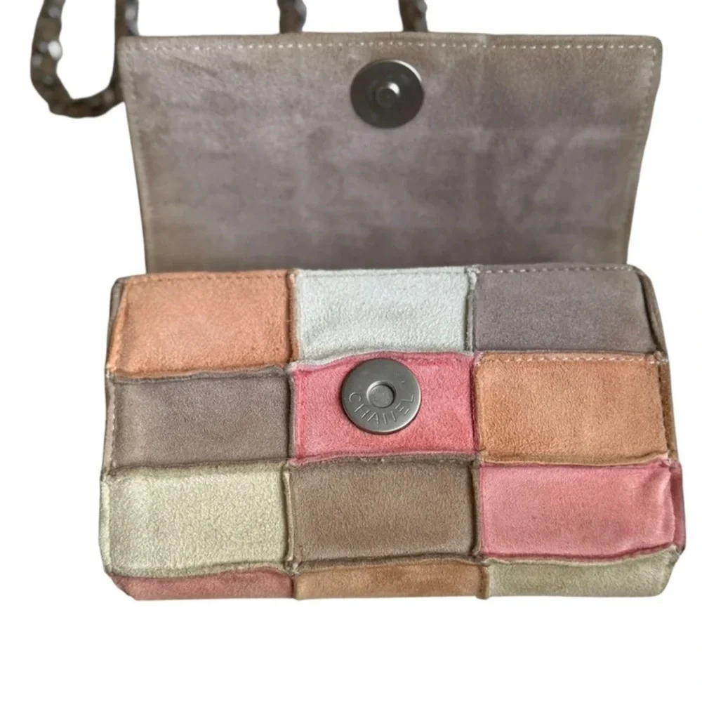 AUTH CHANEL PATCHWORK SUEDE MINI BAG CRYSTAL CC SILVER CHAIN RARE VINTAGE BOHO - Picture 13 of 17